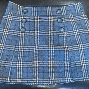 Straight Mini Skirt Gray/Tan Plaid, Button Detail, Lined